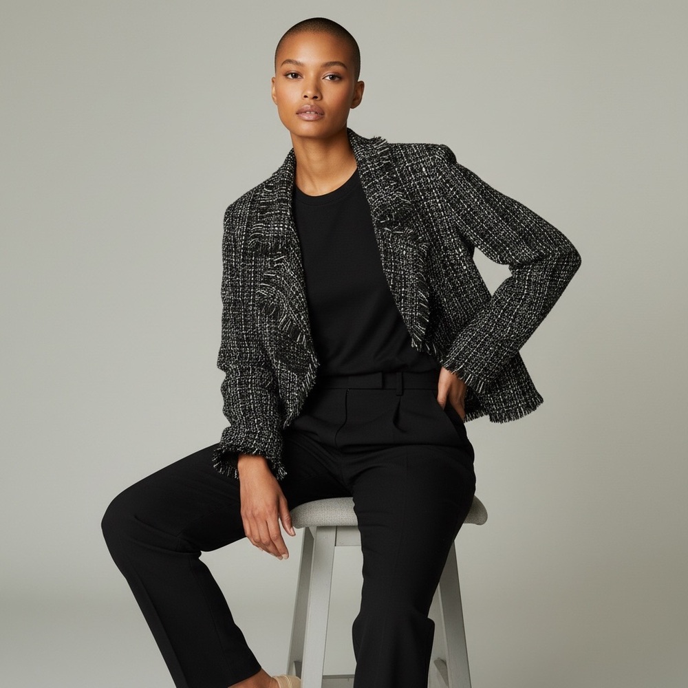 Ruby Rd. Tweed Peplum Blazer Jacket Black White Raw Edges Lined Size 14